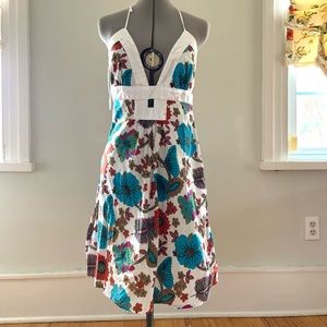 Adorable Tres Chic summer halter tie around neck sun dress floral on white